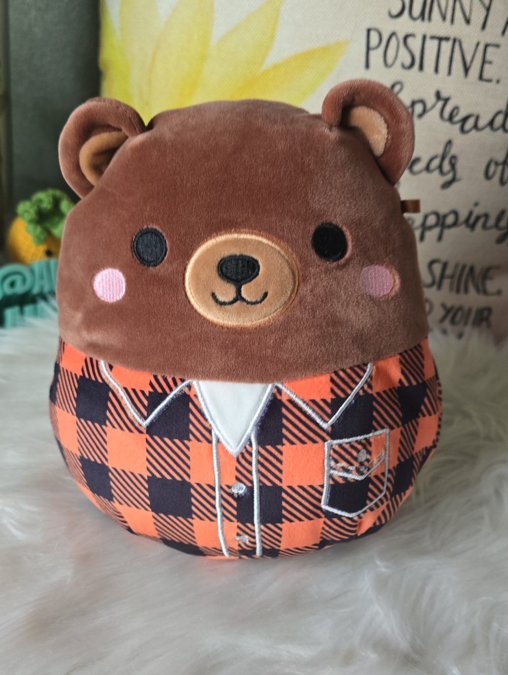 Plush Brown Bear Toy with Orange Plaid Shirt - Kids Plush Doll